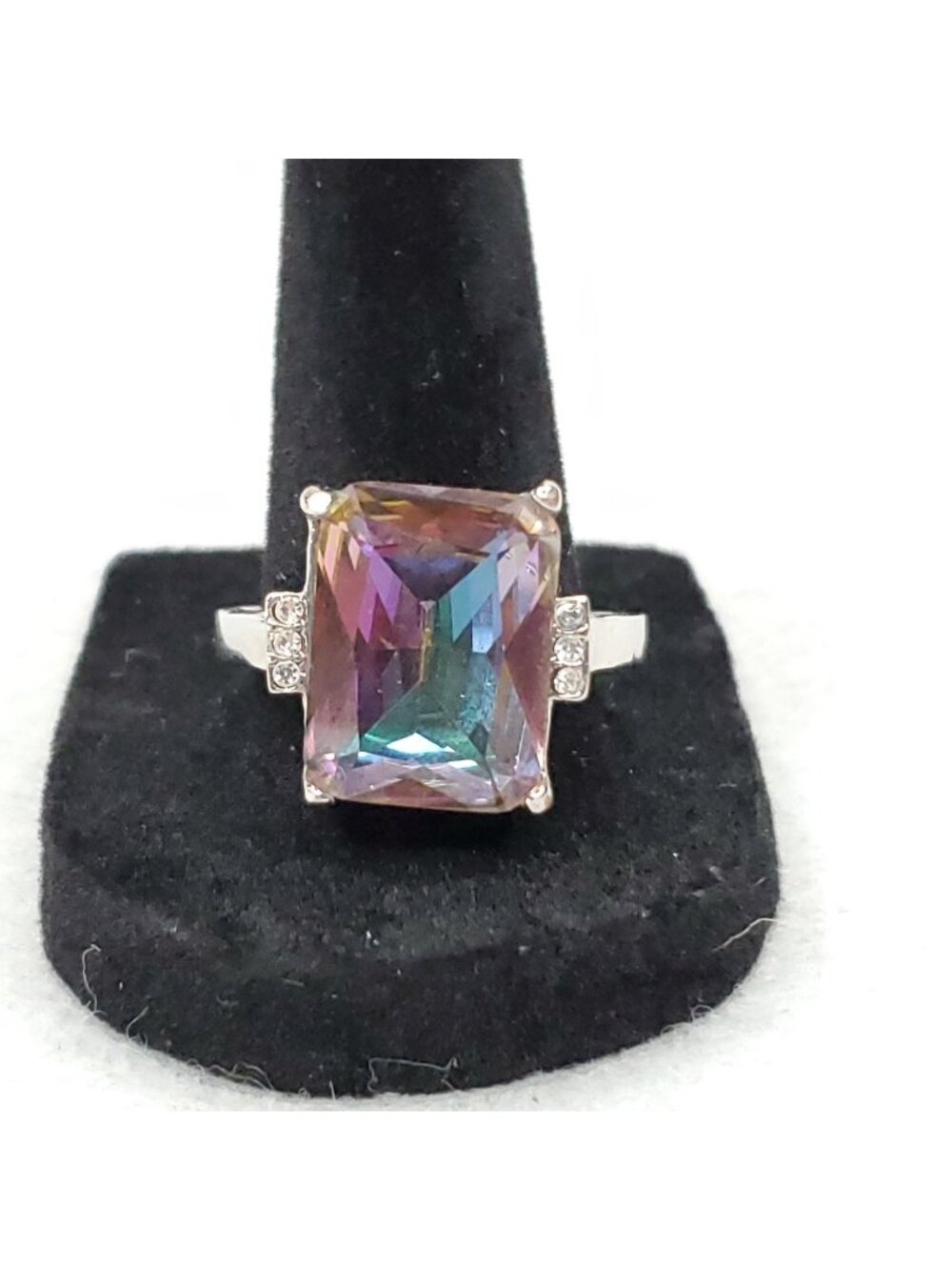 Sterling Silver Rhinestone Ring Sz 11 Pink Mystic Rainbow Solitaire Statement